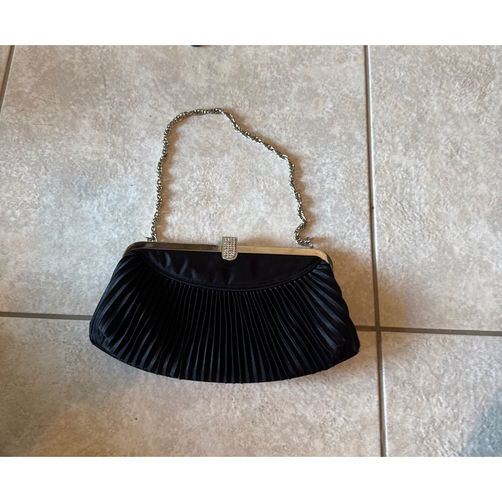 Women's Lord & Taylor Black Pleated Clutch with Silver Chain, One Size
